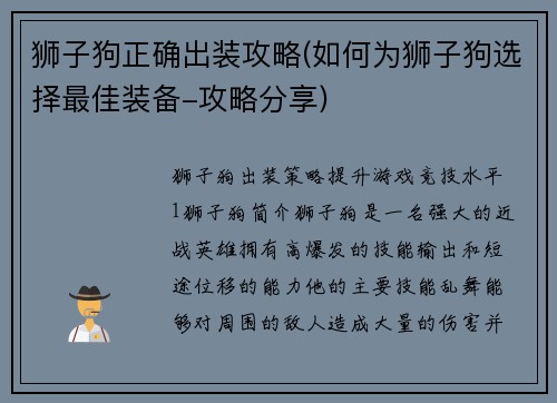 狮子狗正确出装攻略(如何为狮子狗选择最佳装备-攻略分享)